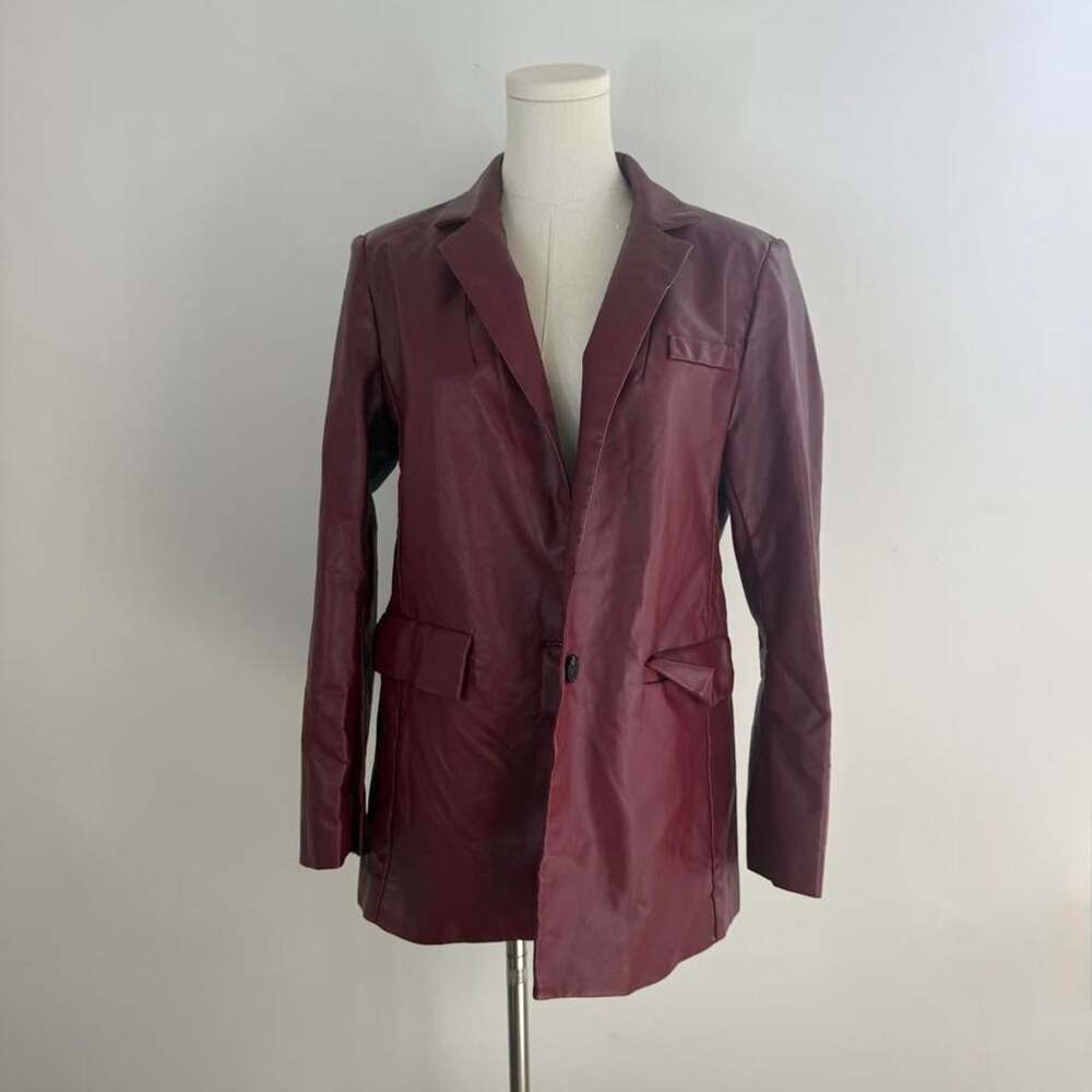 Burgundy Vegan Leather Blazer | Single Button Longline Coat | Women’s Medium - Picture 2 of 4